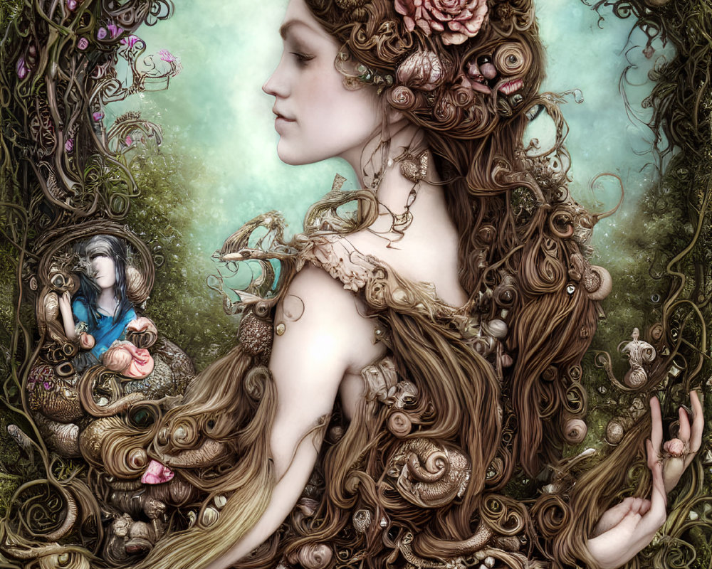 Fantasy illustration of woman with elaborate floral hair and whimsical creatures