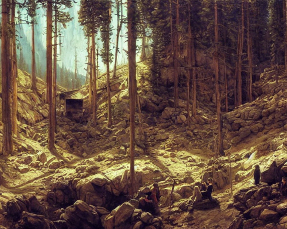 Sunlit forest clearing with figures, cabin, rocks & tall trees