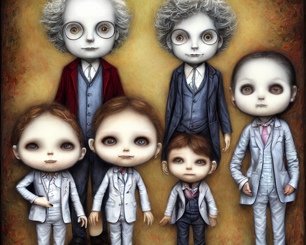 Six stylized characters in vintage suits with oversized heads and expressive eyes against textured background