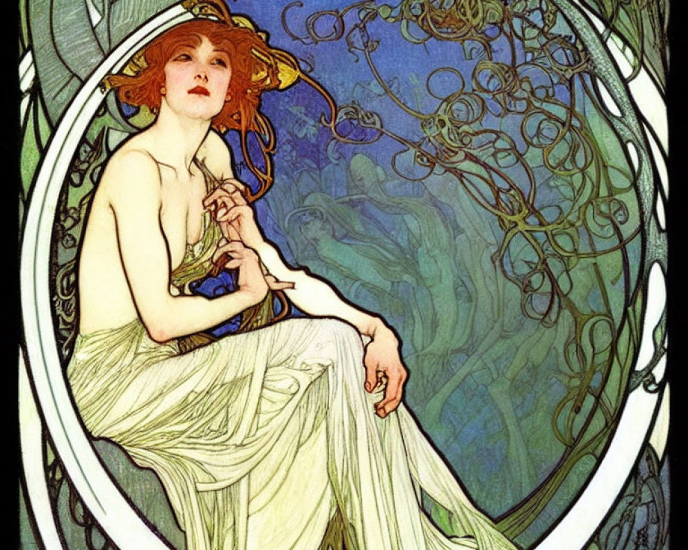 Art Nouveau Woman Illustration in Ornate Circular Frame