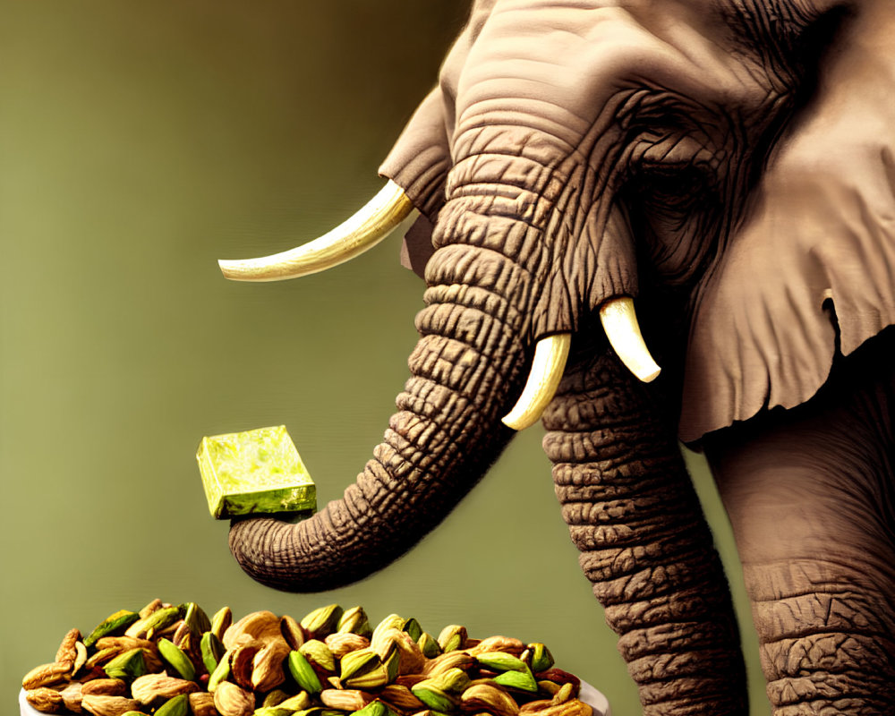 Elephant balancing gift over pistachios on sepia background