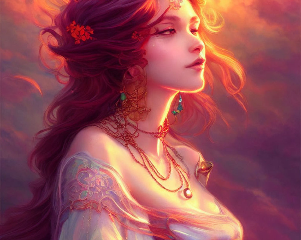 Ethereal woman with flowing hair and red flower adornments in radiant setting