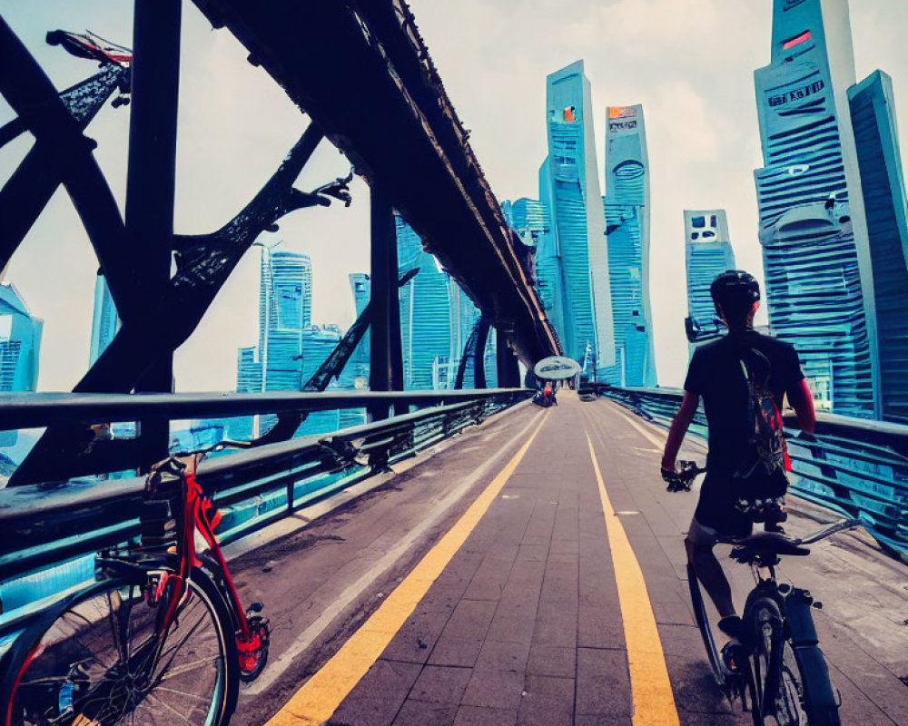 Urban cyclist on bridge overlooking modern city skyline with skyscrapers under cloudy sky