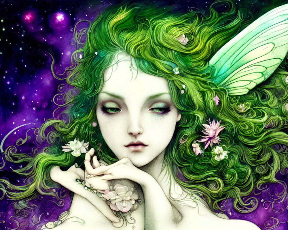 Feminine figure with green hair and fairy wings in fantasy illustration