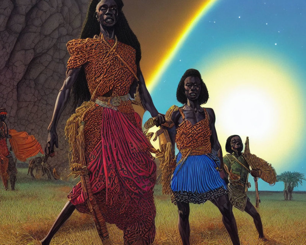 Three African warriors in traditional attire against colorful sky and landscape