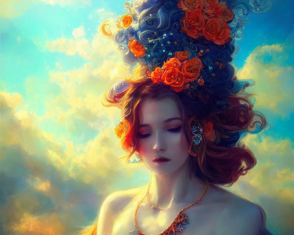 Ethereal artwork of woman with floral hair under pastel sky