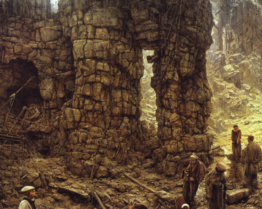 Detailed painting of ancient stone ruins in desolate landscape