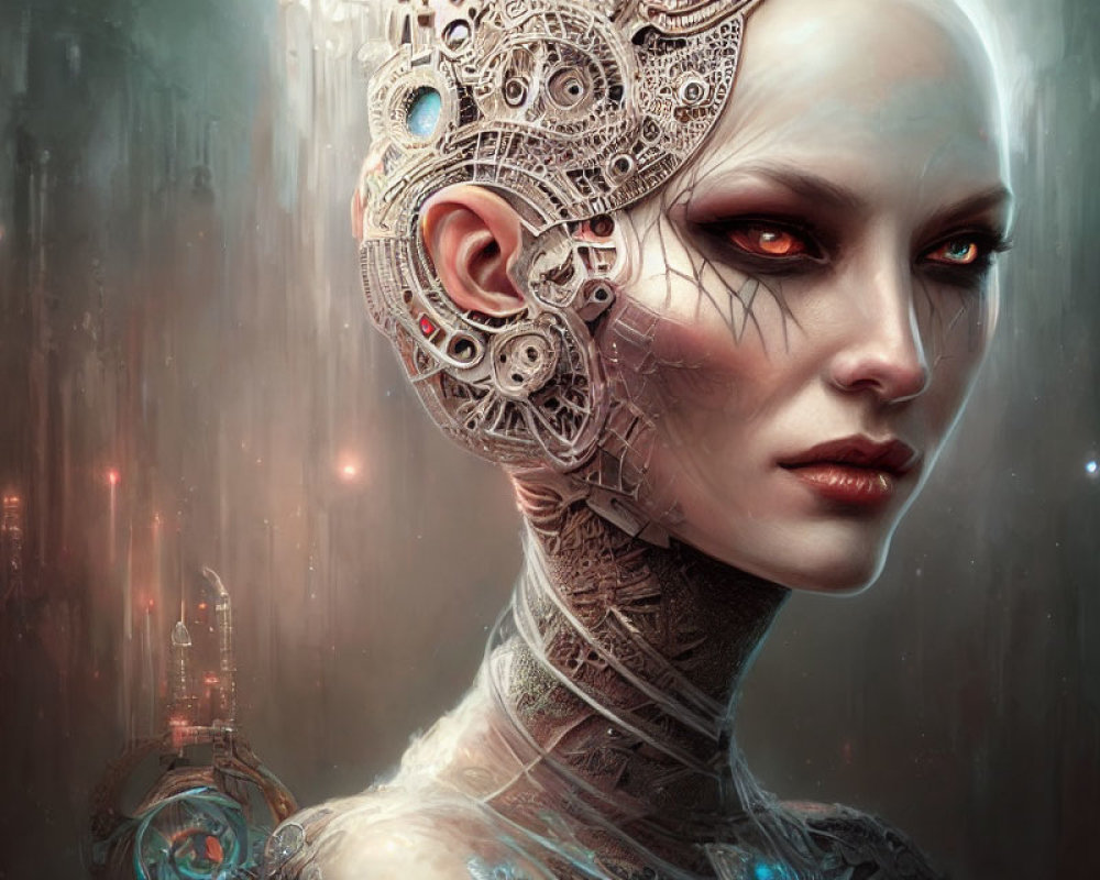 Female Cyborg with Intricate Mechanical Parts in Futuristic Cityscape