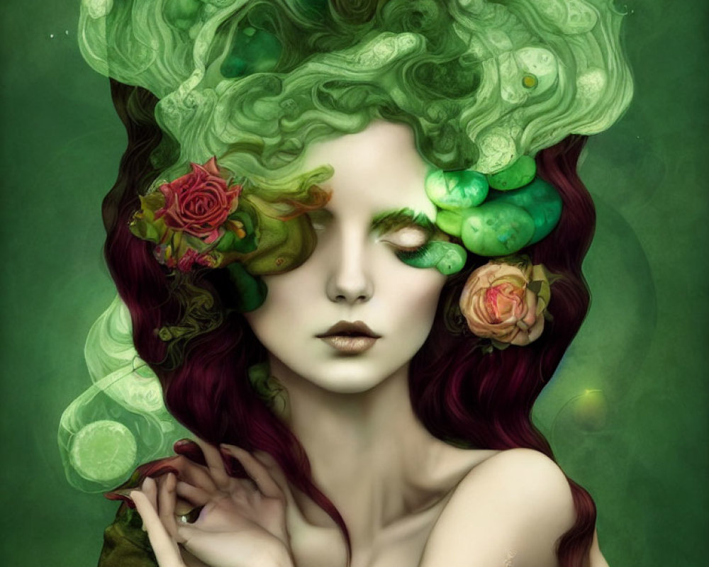 Woman with Ethereal Green Hair and Roses Illustration