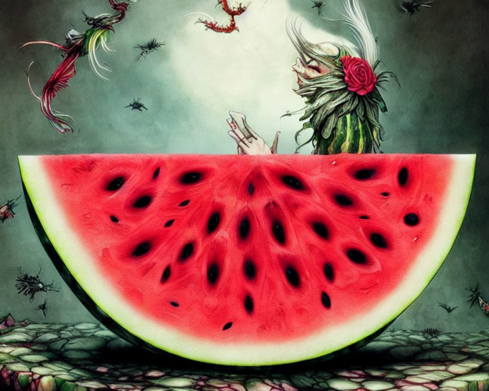 Illustration of large watermelon slice with tiny figures in ethereal setting