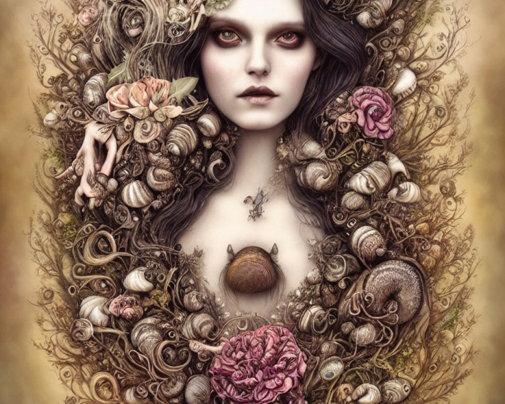 Dark-haired woman among flowers, vines, and snails in mystical setting