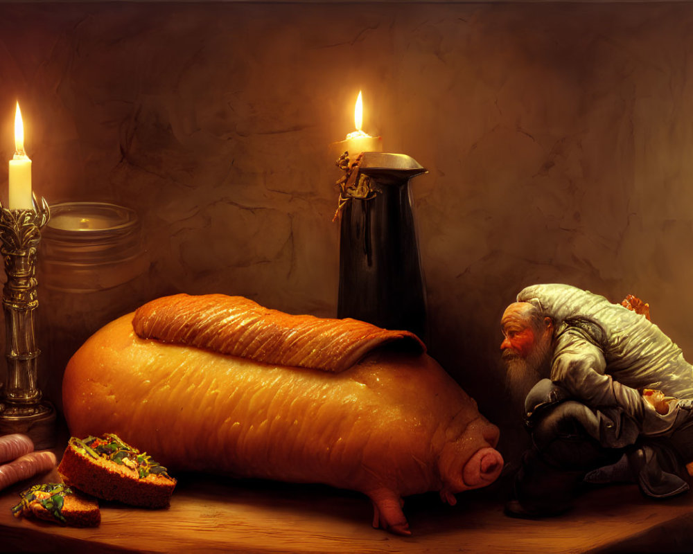 Elderly man with white beard near giant pig in sausage casing and candles on table