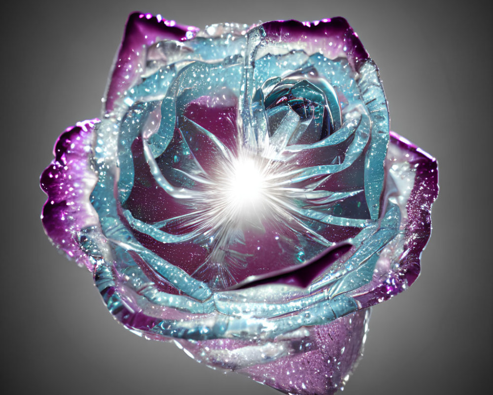 Digitally Manipulated Rose with Sparkles and Glowing Core in Purple and Blue Hues