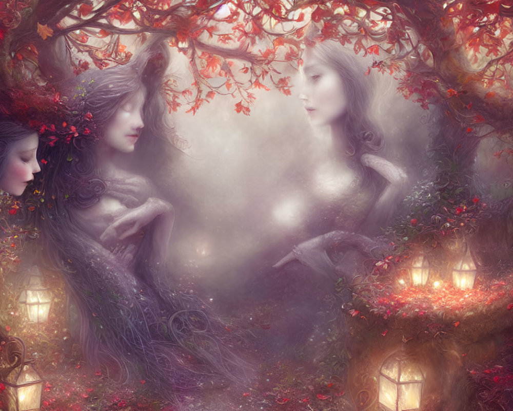 Ethereal female figures in misty forest with red flowers