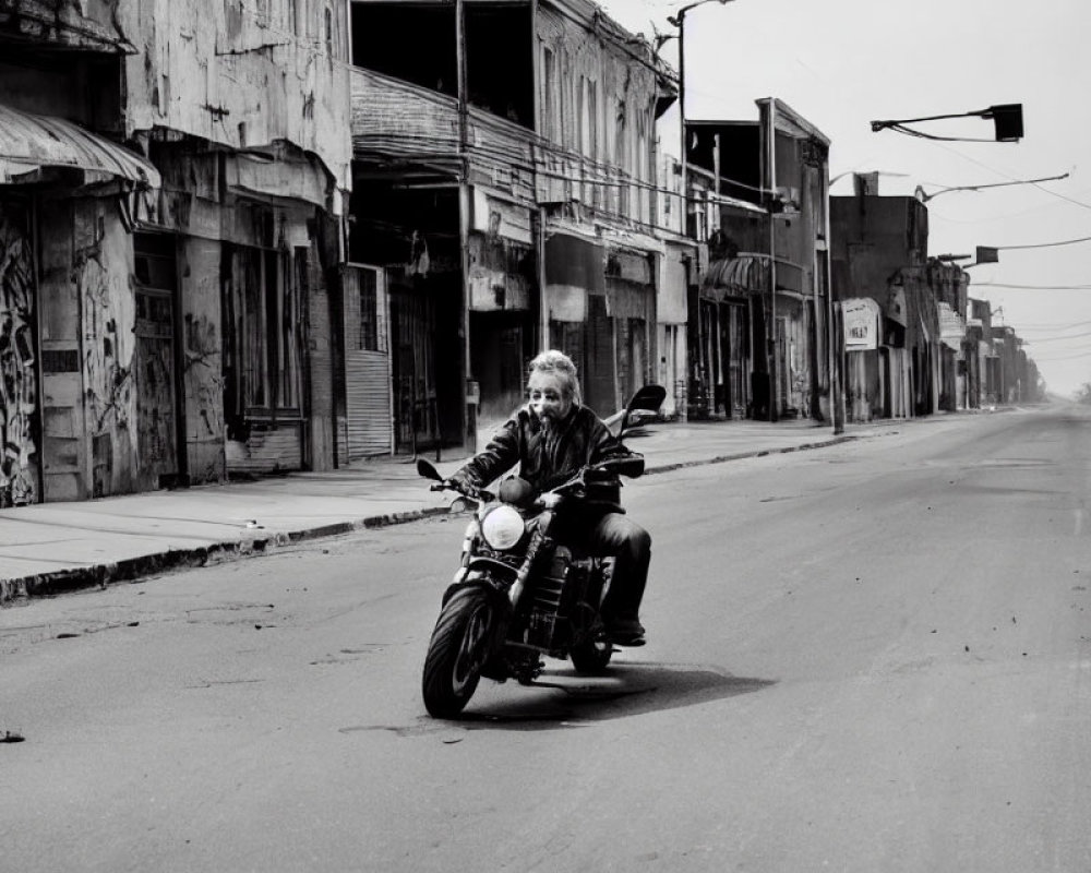 Motorcyclist rides through urban street with graffiti.