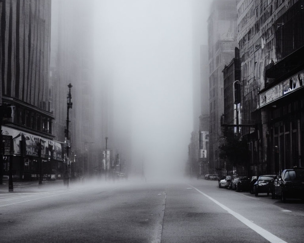 Deserted city street in dense fog with silhouettes of buildings and cars.