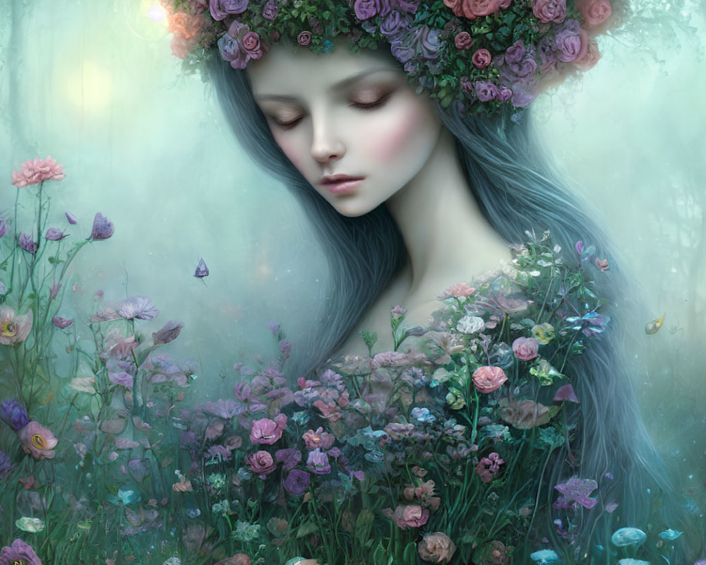 Mystical woman with flower crown in dreamlike setting