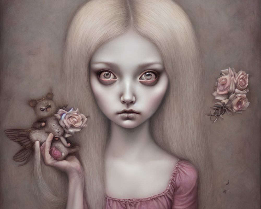 Pale girl with large eyes holding winged teddy bear and roses, bumblebee nearby