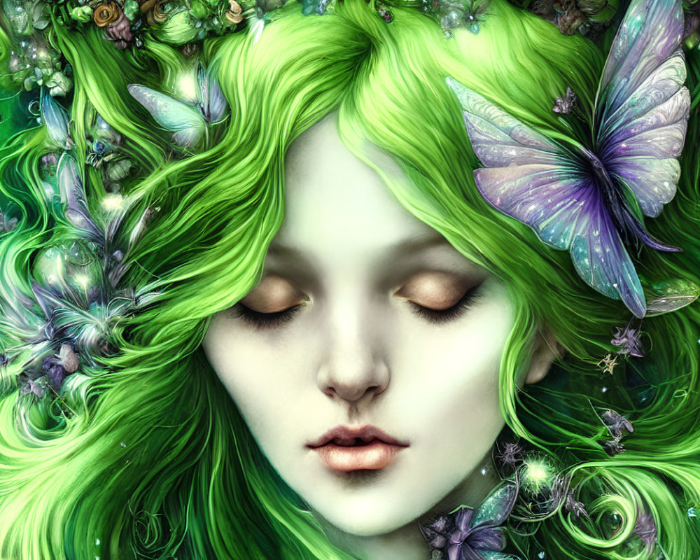 Fantasy illustration of woman with green hair and floral adornments in cosmic setting