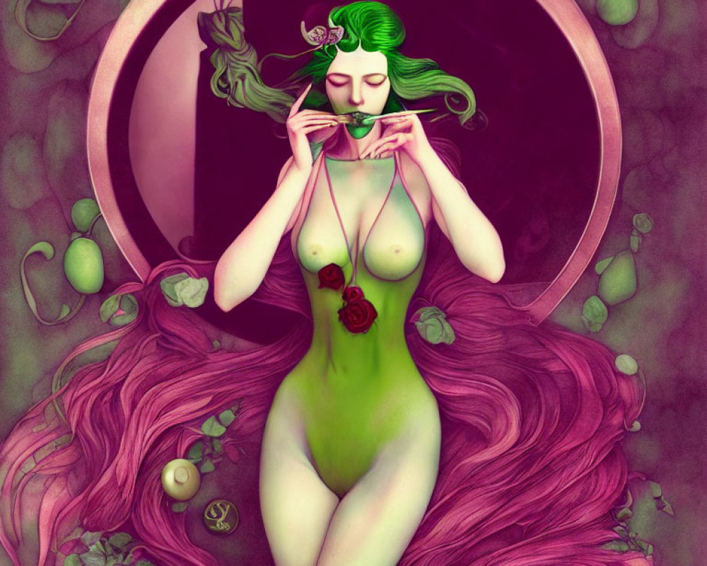 Green-skinned woman with pink hair holding a rose in circular frame surrounded by green fruits