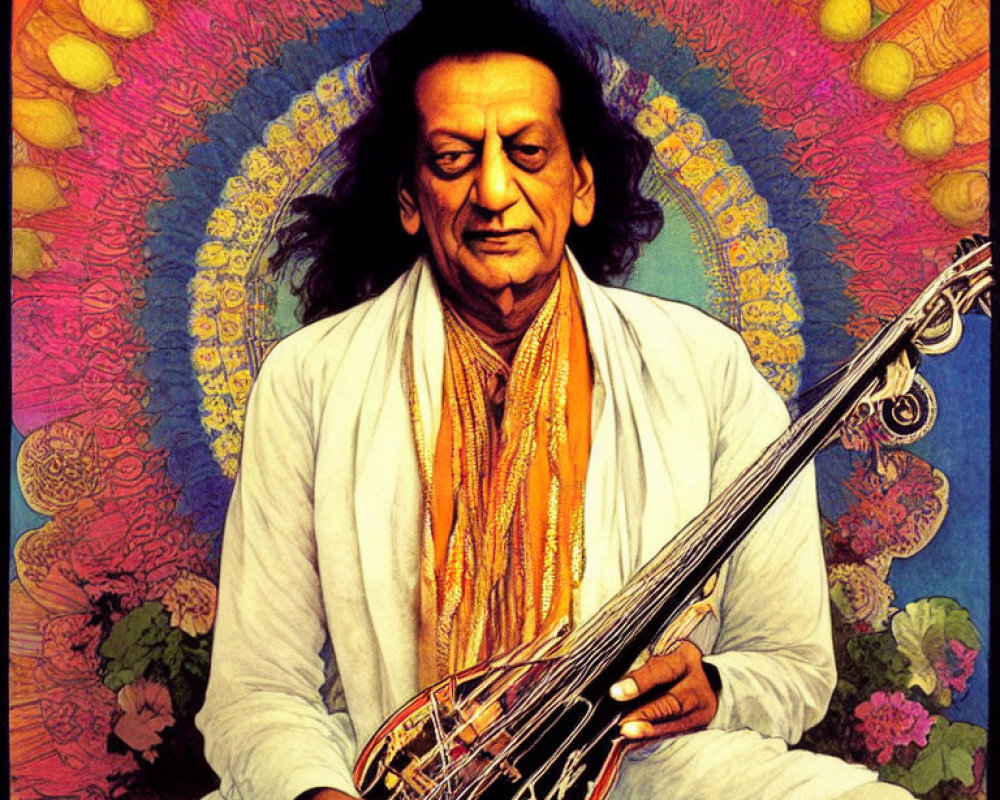 Person in white attire holding sitar against psychedelic backdrop