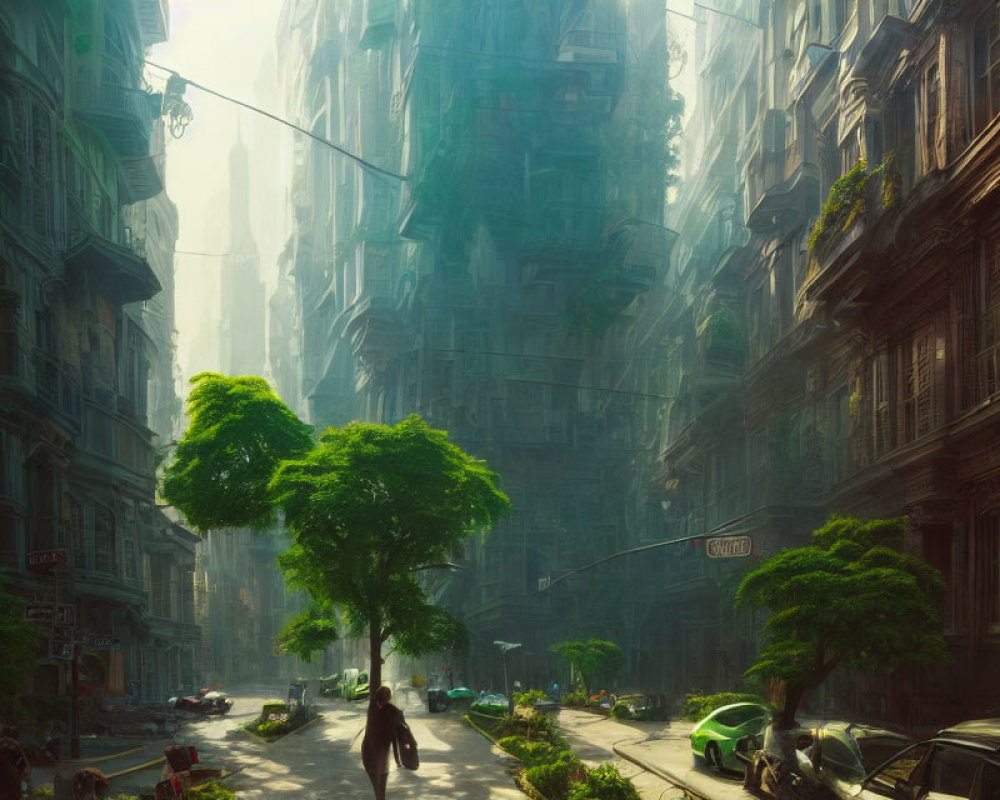 Futuristic cityscape with lone tree and figure in sunlight