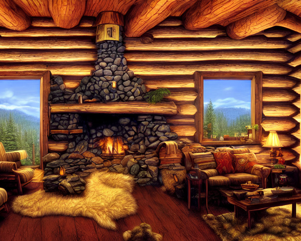 Rustic log cabin interior with stone fireplace and forest view