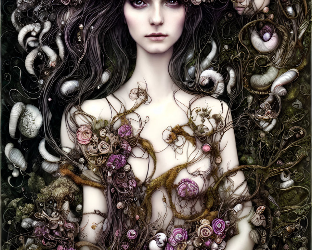 Detailed woman and nature fantasy illustration.