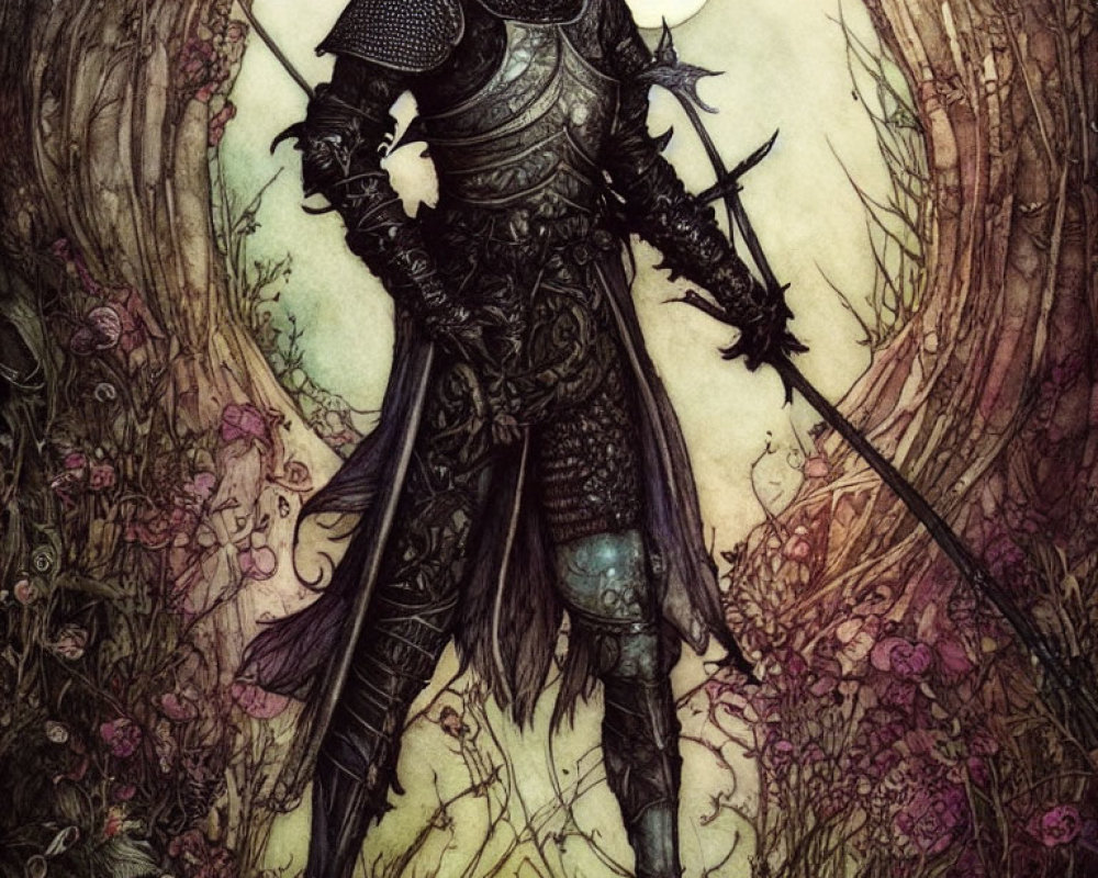 Armored knight with sword in mystic forest under moonlit sky