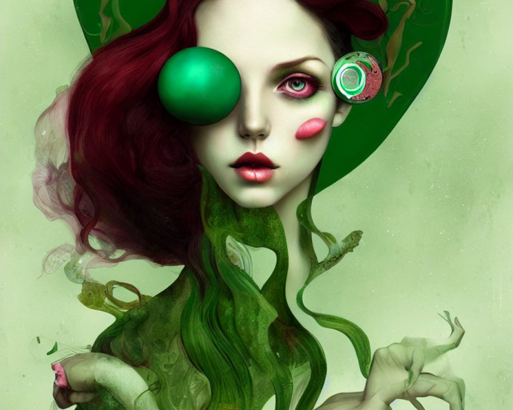 Surreal portrait: Woman with red hair, green skin, and unique eyes