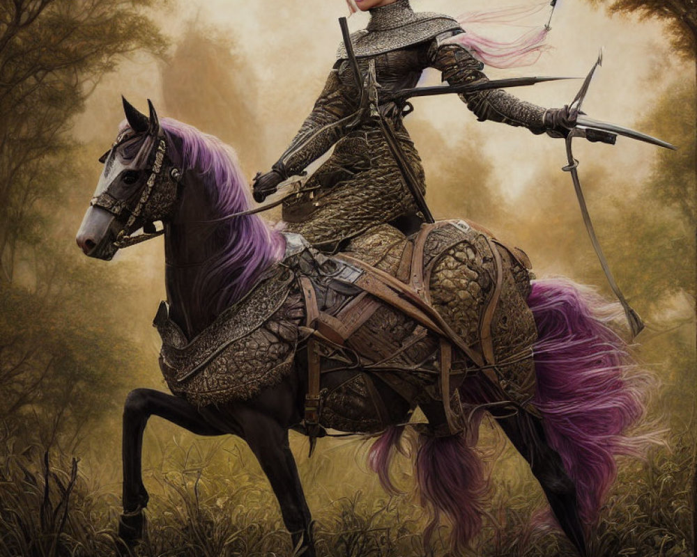 Warrior woman in medieval armor on black horse in misty forest landscape