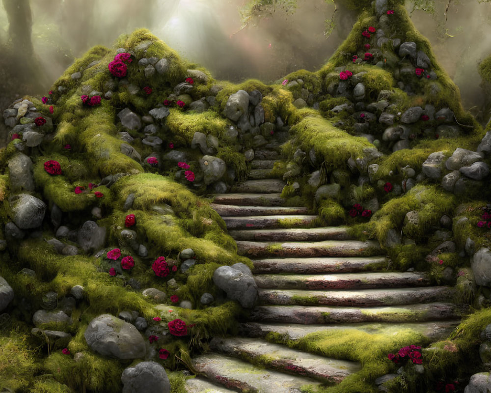 Ethereal forest scene with stone stairway, moss-covered mounds, red flowers, soft light