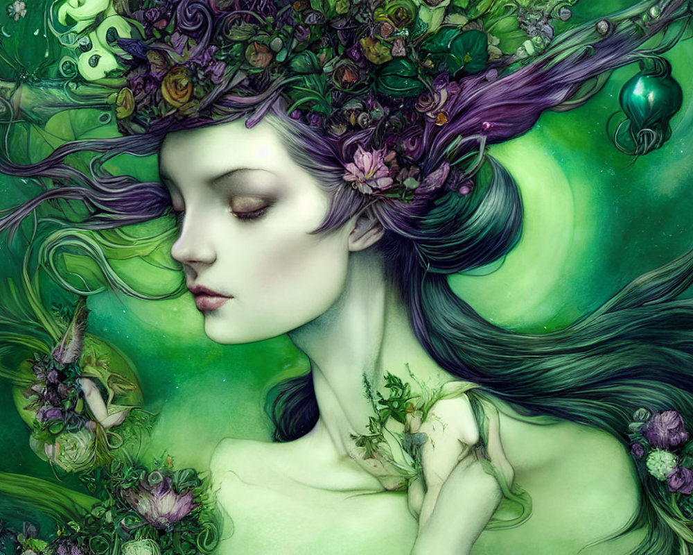 Fantasy digital painting of woman with green skin and purple hair.