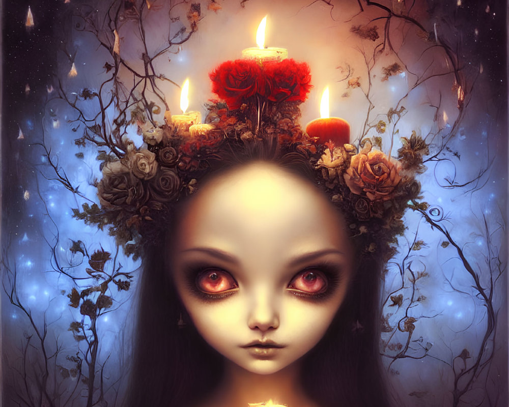 Digital Artwork: Girl with Red Eyes, Flower Crown, and Candle Against Starry Night