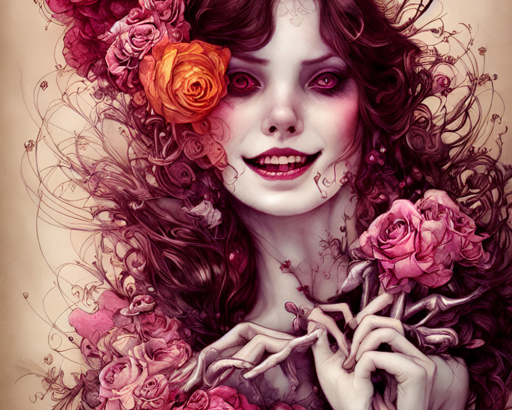 Illustration of a smiling woman with roses in her hair exuding a fantasy vibe