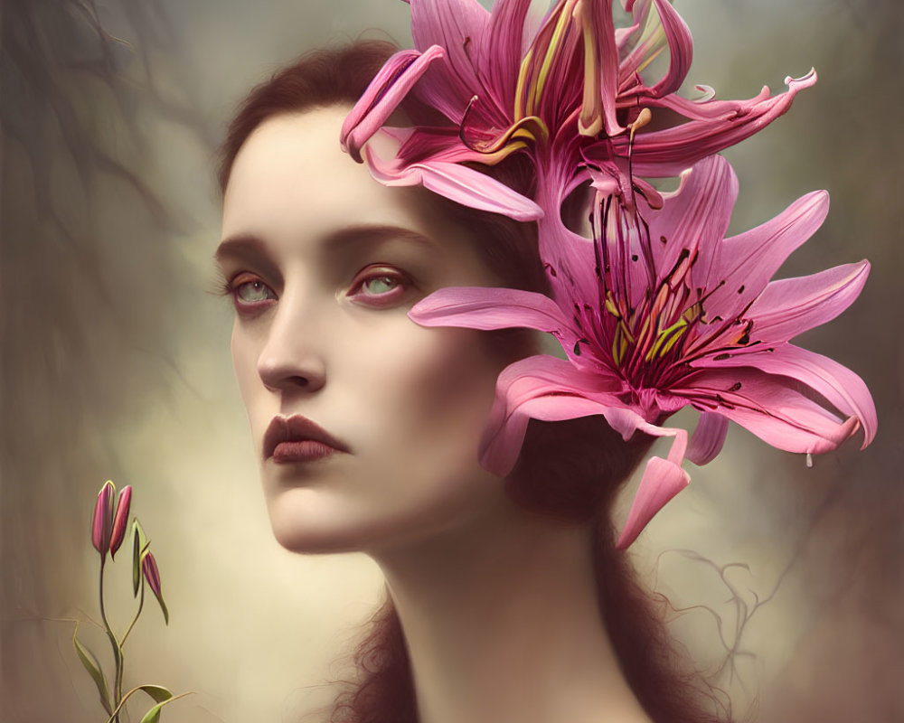 Woman with Green Eyes and Pink Lilies in Misty Background