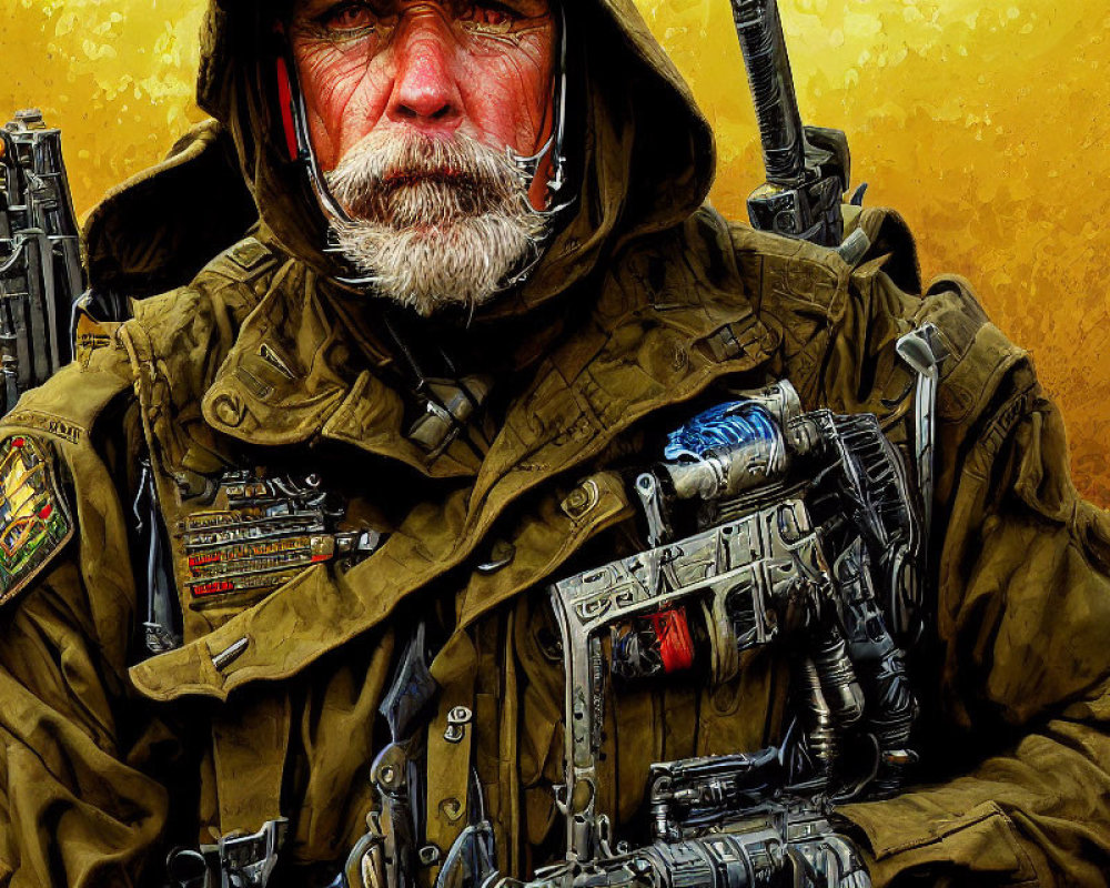 Bearded soldier in tactical gear on golden textured backdrop