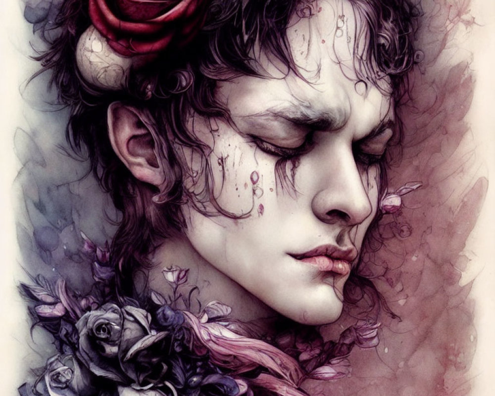 Detailed illustration of person with closed eyes adorned with roses and leaves, featuring somber yet gentle expression.