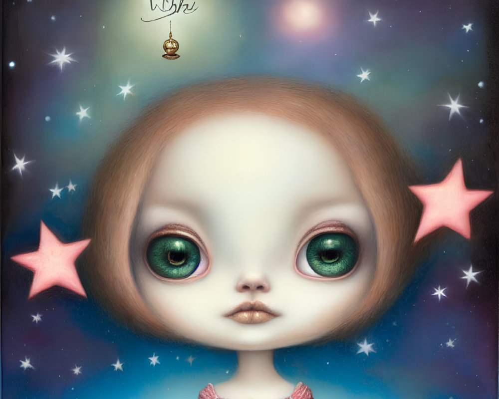 Surreal wide-eyed doll character with green eyes, stars, and "Wish" bauble