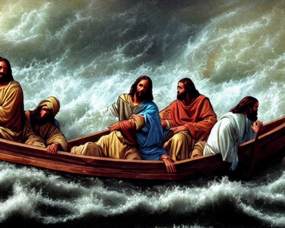 Artwork: Four robed figures in a wooden boat on stormy seas