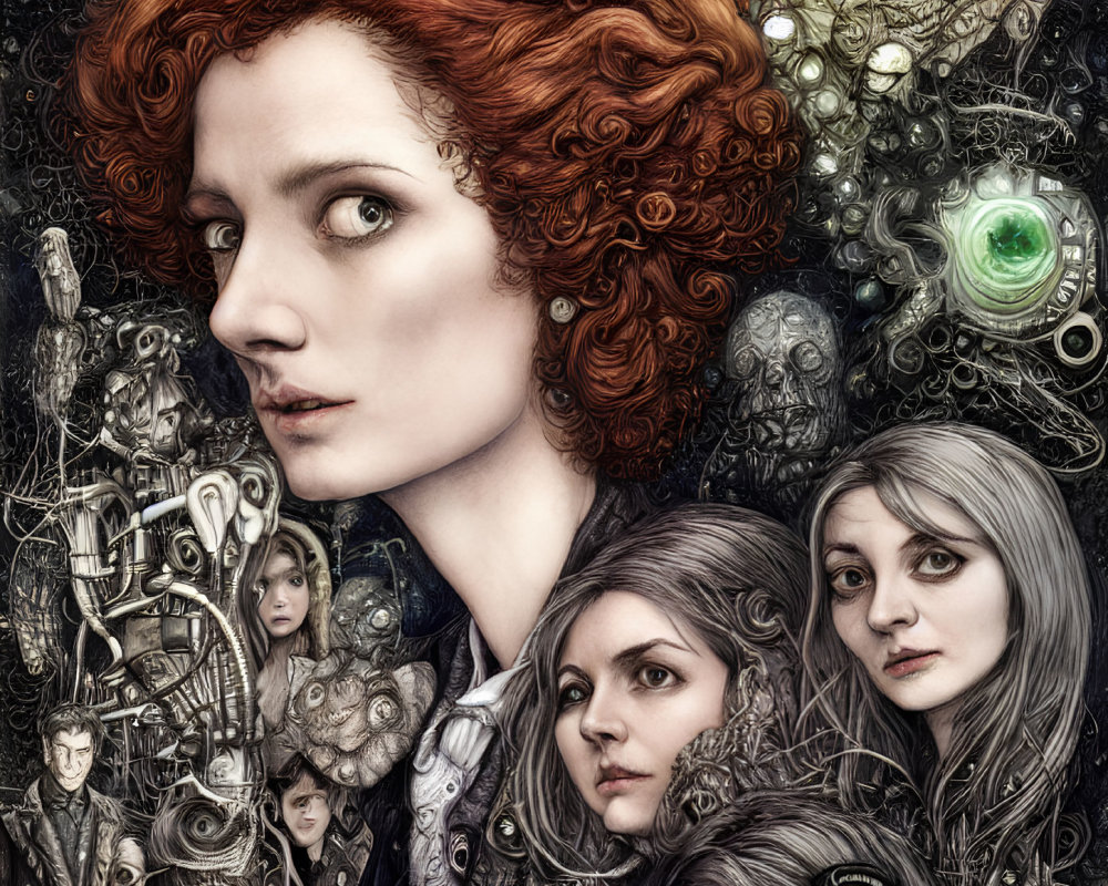 Detailed Illustration: Red-Haired Woman with Steampunk and Organic Elements