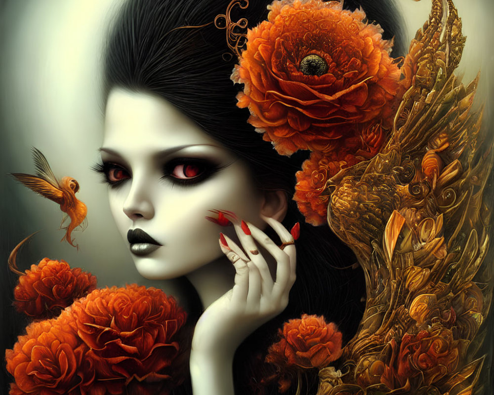 Gothic-style digital art: pale woman with dark hair, orange flowers, red eye makeup,