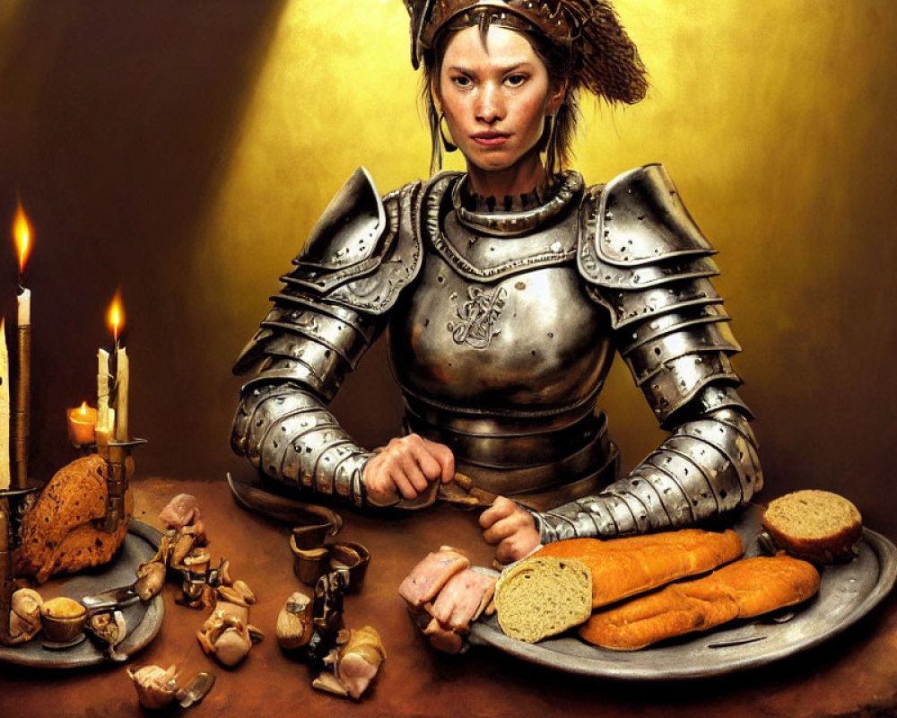 Medieval armor-clad woman at table with bread, meat, and candles