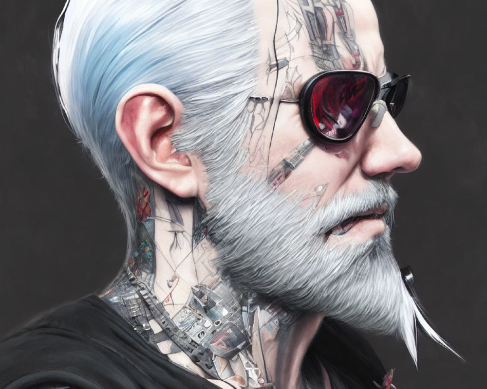 Illustrated male figure with pale blue hair, cybernetic enhancements, tattoos, beard, and sunglasses