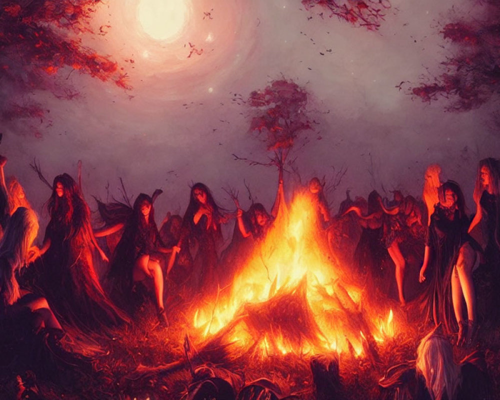 Group in Witch-Like Attire Around Bonfire Under Moonlit Sky