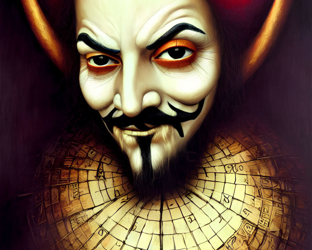 Sinister character with pale face and devilish horns portrait