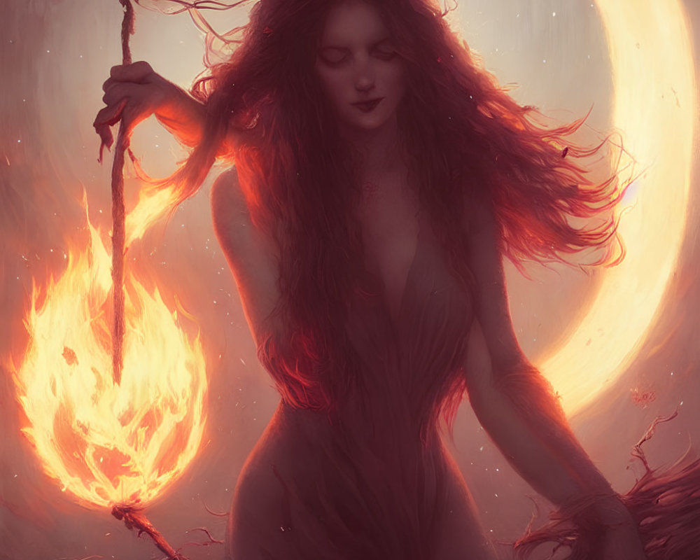 Mystical woman with red hair holding a flaming torch under glowing moon