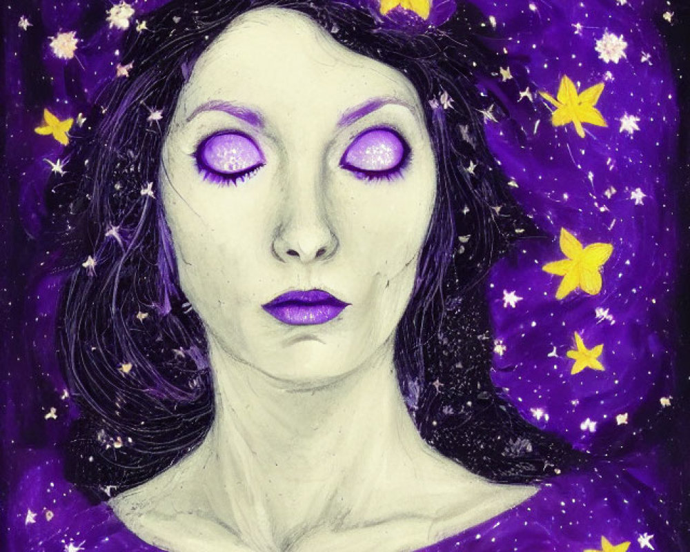 Stylized portrait of a woman with cosmos hair and clothing