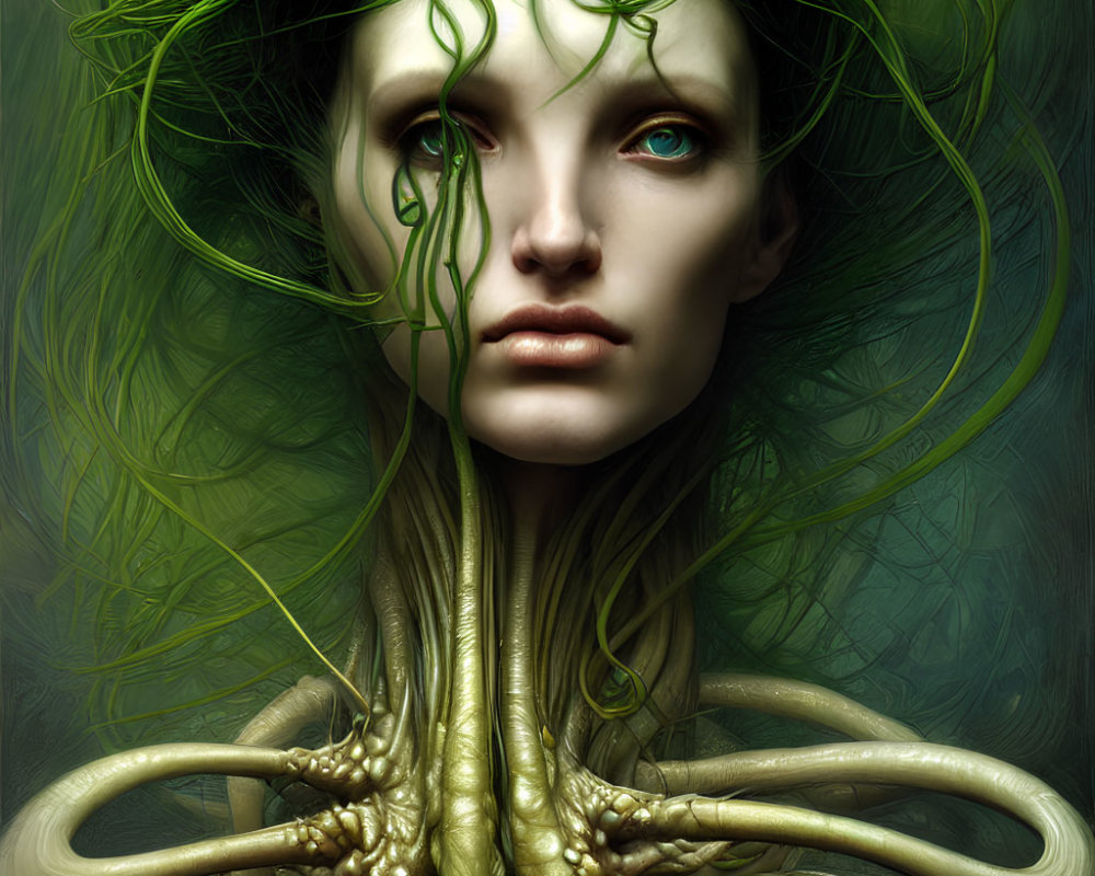 Digital Artwork: Woman with Green Vine Hair and Roots on Green Background