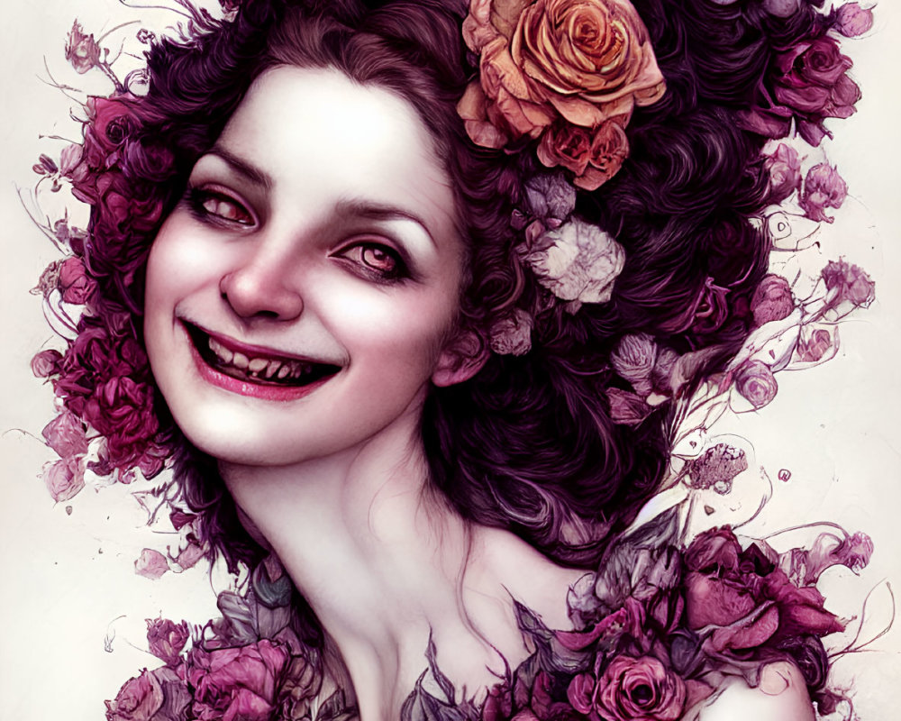 Illustration of woman with floral headdress and bouquet in pink and purple tones